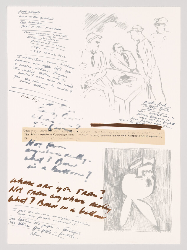 Collage of pencil sketches and handwritten notes showing men gathered around a table and a skull drawing.