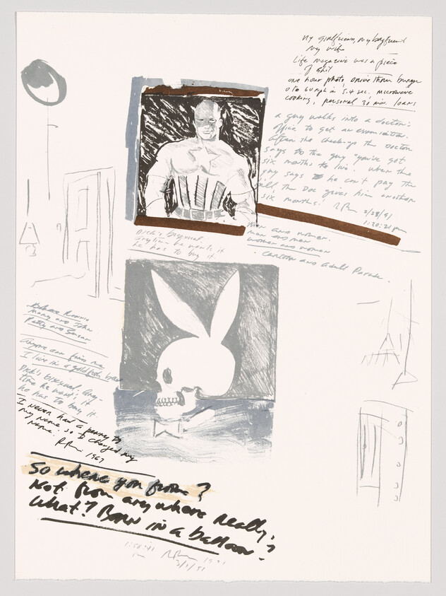 Sketchbook page showing a skull with bunny ears and a muscular superhero portrait surrounded by handwritten notes.