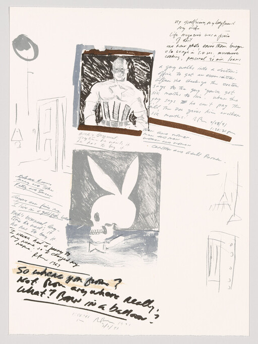 Sketchbook page showing a skull with bunny ears and a muscular superhero portrait surrounded by handwritten notes.