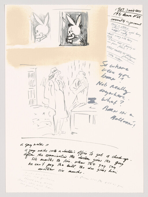 Two people converse in a sketchy room surrounded by handwritten notes and rabbit-skull drawings.