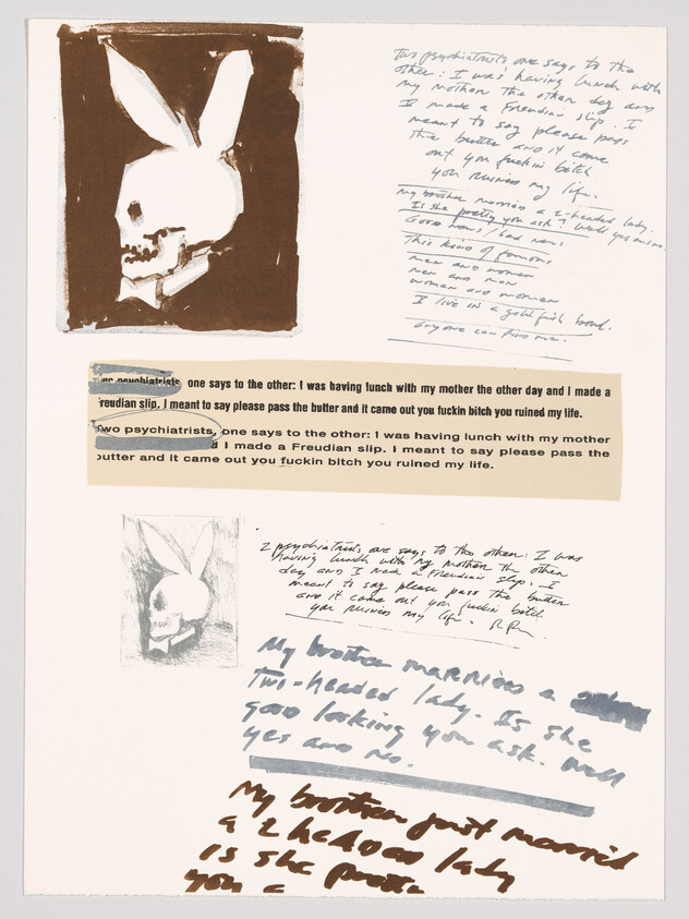 Large sketch of a rabbit skull with handwritten notes and a typed strip quoting a Freudian slip.