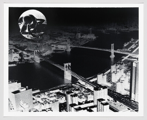 Aerial view of a river with two suspension bridges and a sculpted figure in a circular inset.
