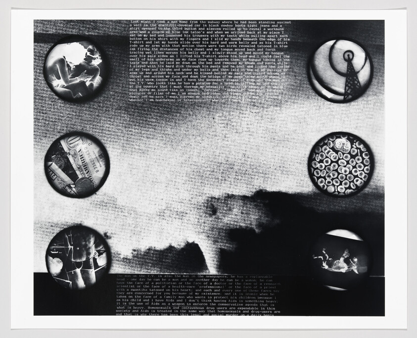 Black-and-white collage with six circular photo cutouts surrounding blocks of printed text.
