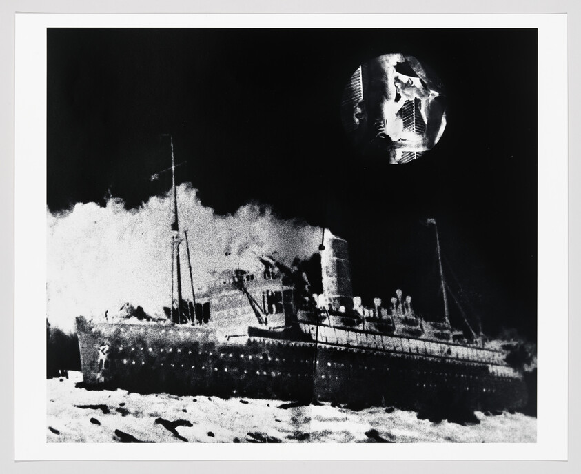 A large passenger ship plows through choppy waters under a bright, textured full moon.