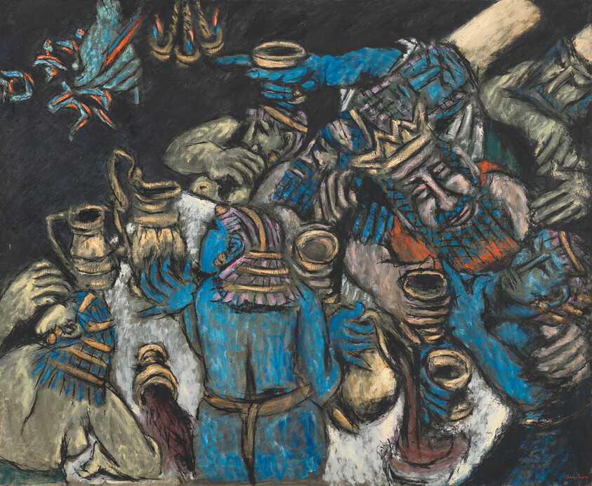 A crowded banquet scene with robed figures and a crowned man pouring and drinking from jugs.