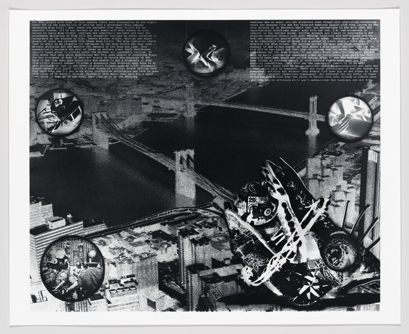 A high-contrast collage of a city bridge with circular inset photos and a tangled plane wreck.