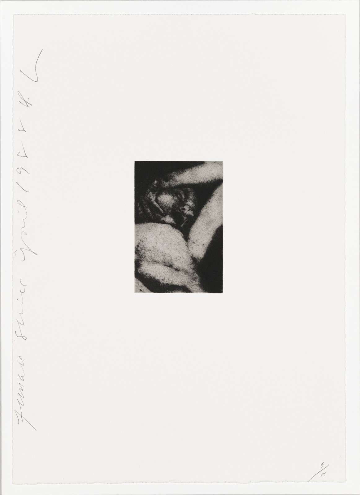 A small grainy black-and-white print shows a curled, sleeping figure centered on white paper.