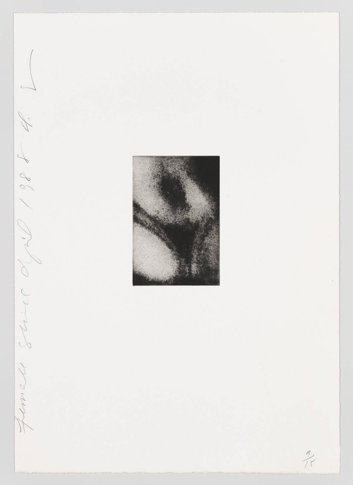 Small grainy black-and-white abstract print centered on a large white sheet with handwritten notes.