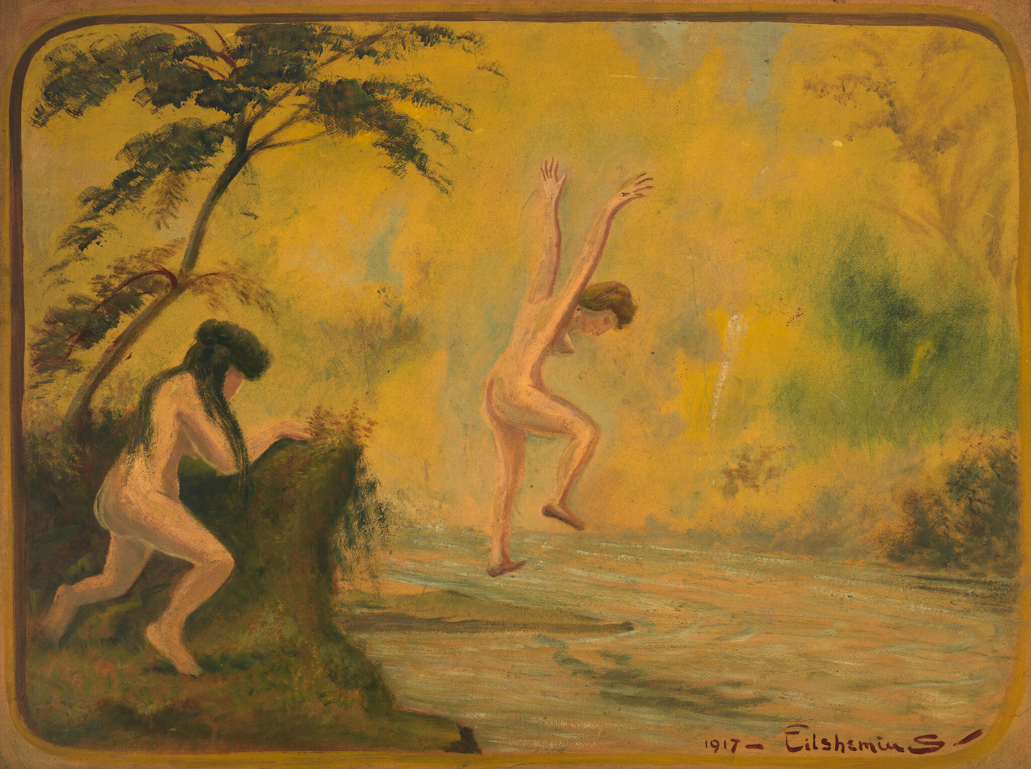 Two nude figures by a river, one leaping into the water while the other watches from the bank.