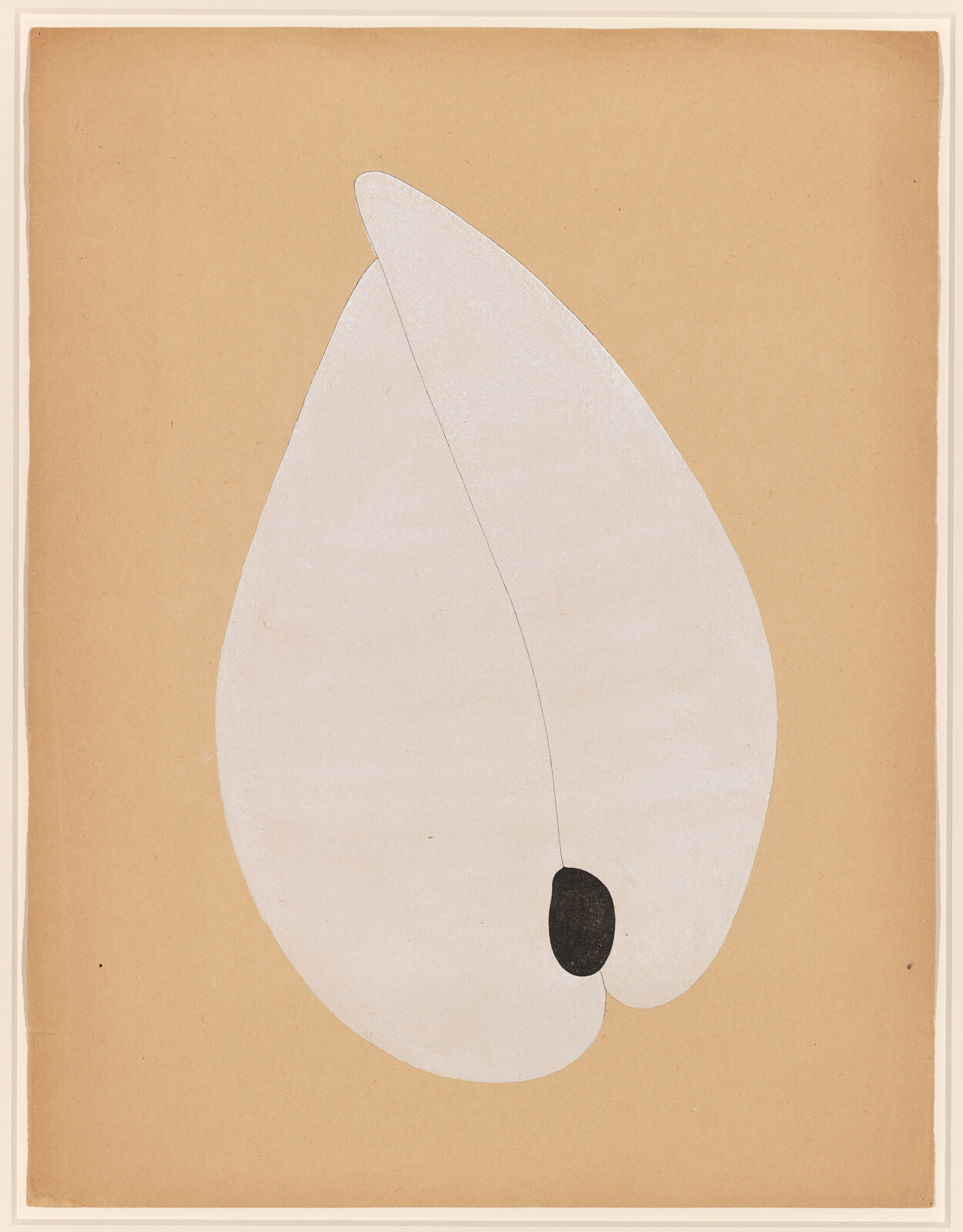 A large white leaf-shaped form with a small black oval near the bottom on a tan background.