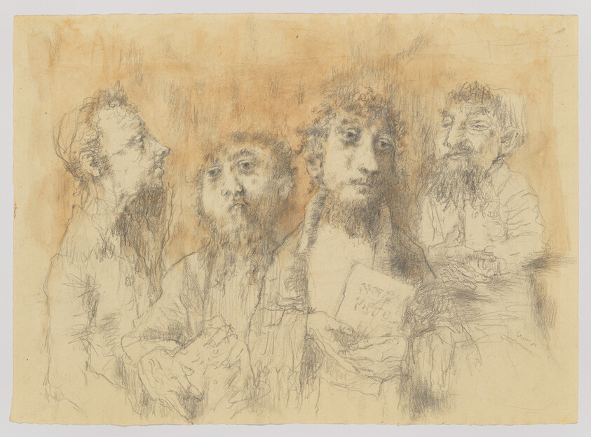 Four bearded men sketched in pencil, one holding an open book and looking forward.
