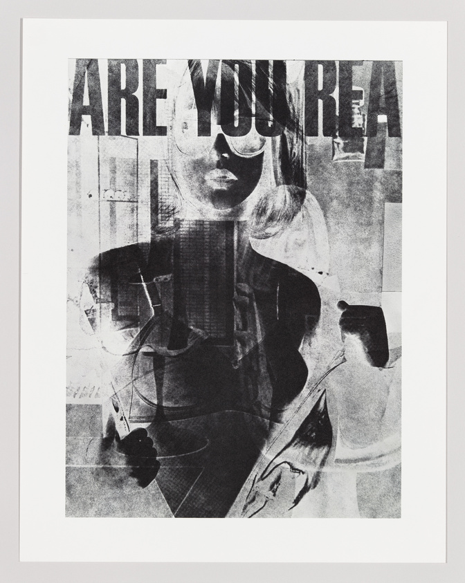 Black and white artwork featuring a layered composition with a woman's face and the text "ARE YOU REA" in bold letters, suggesting a question that might be "ARE YOU REAL" or "ARE YOU READY." The image has a gritty, textured appearance with abstract elements.