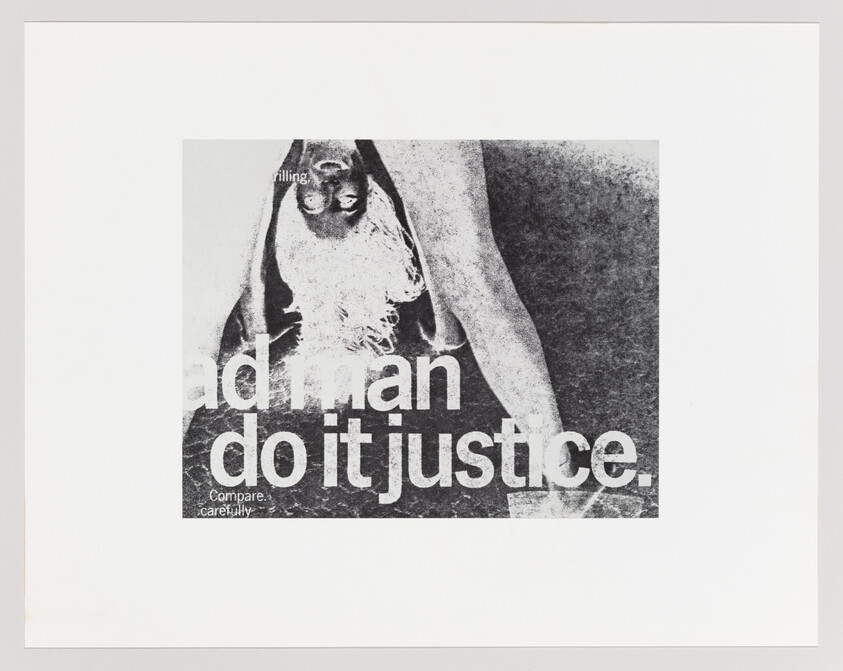 A black and white printed advertisement featuring a gorilla's face superimposed on a human body wearing a wedding veil, with the text "ad man do it justice" and "Compare carefully" at the bottom.