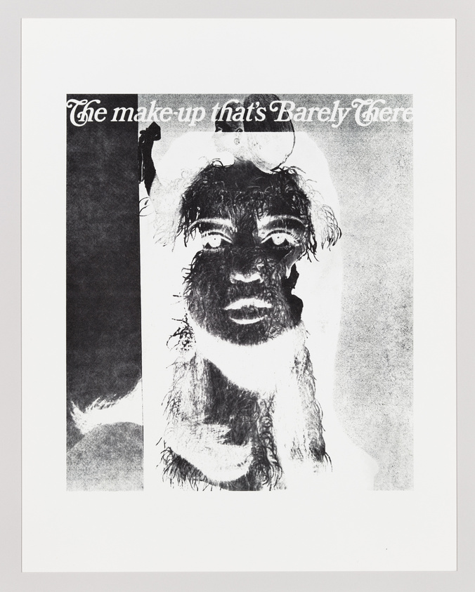 A black and white artistic print featuring a stylized portrait of a person's face with textured, dark areas resembling makeup or paint. Above the image, text reads "The make-up that's Barely There" in a decorative font. The background is white with some gradient shading on the sides.