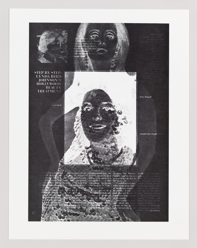 This image features a collage of black and white photographs and text fragments. The central figure is a woman's face with a distorted, pixelated effect, overlaid with smaller images of faces and body parts. Text snippets with phrases like "STEP BY STEP" and "beauty treatment" suggest a theme related to beauty or cosmetics. The overall composition has a fragmented, abstract quality.