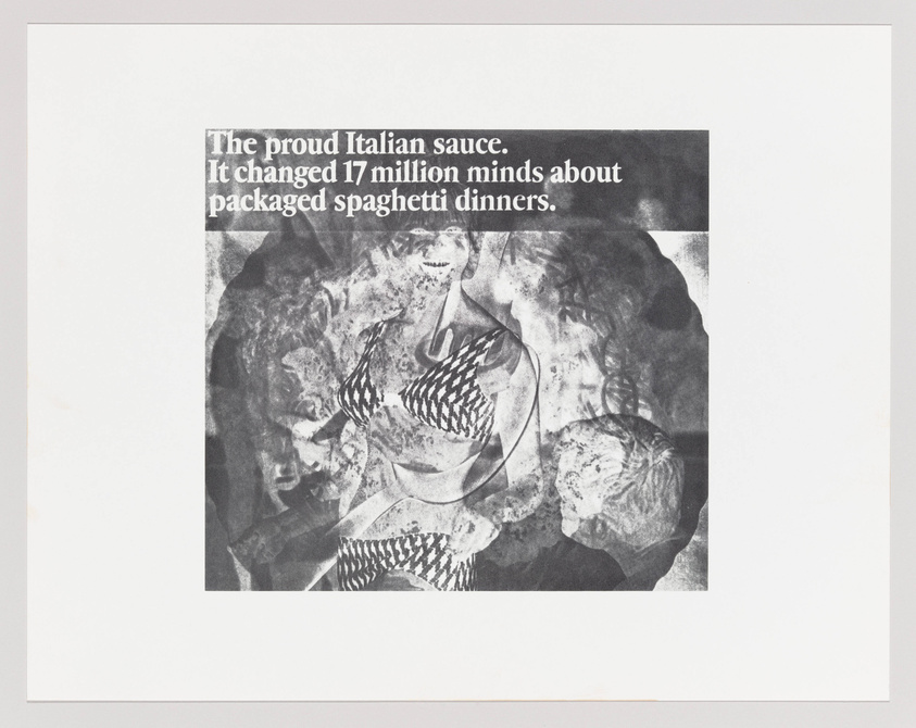 A black and white printed image featuring a collage of various figures and textures with a block of text at the top left corner that reads "The proud Italian sauce. It changed 17 million minds about packaged spaghetti dinners." The overall composition is abstract with overlapping elements making it difficult to distinguish individual details.