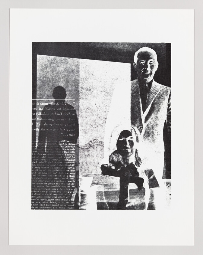 Man stands behind seated woman while a silhouetted figure and reversed text appear to the left.