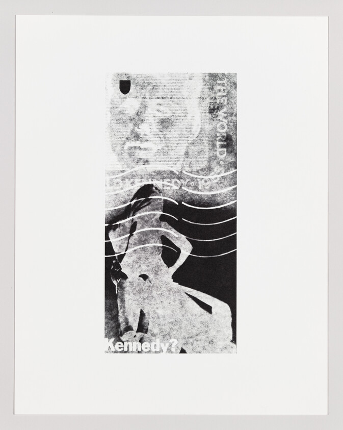 Black-and-white collage showing a faded Kennedy portrait above a silhouetted standing woman with wavy lines.