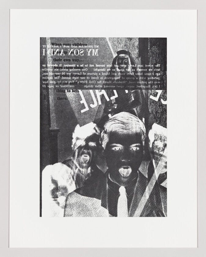 A man in a suit sticks out his tongue in a high-contrast photocopy collage.