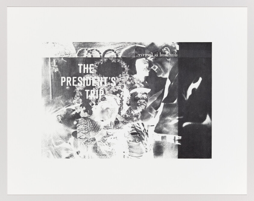 Collage showing overlapping black-and-white photos with text "The President's Trip" and people.