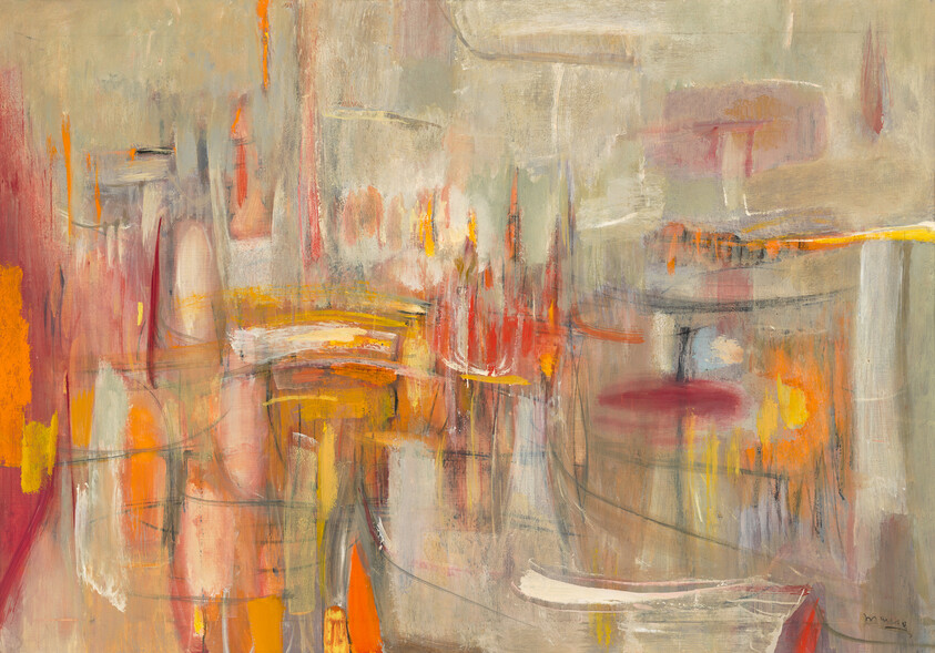 Abstract painting with warm orange, red, and yellow brushstrokes suggesting a blurred cityscape.