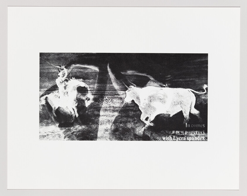 A black-and-white print shows a charging bull facing a mounted rider in motion.