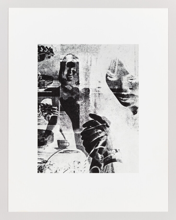 Black-and-white collage showing overlapping female faces and clasped hands with textured, grainy effects.