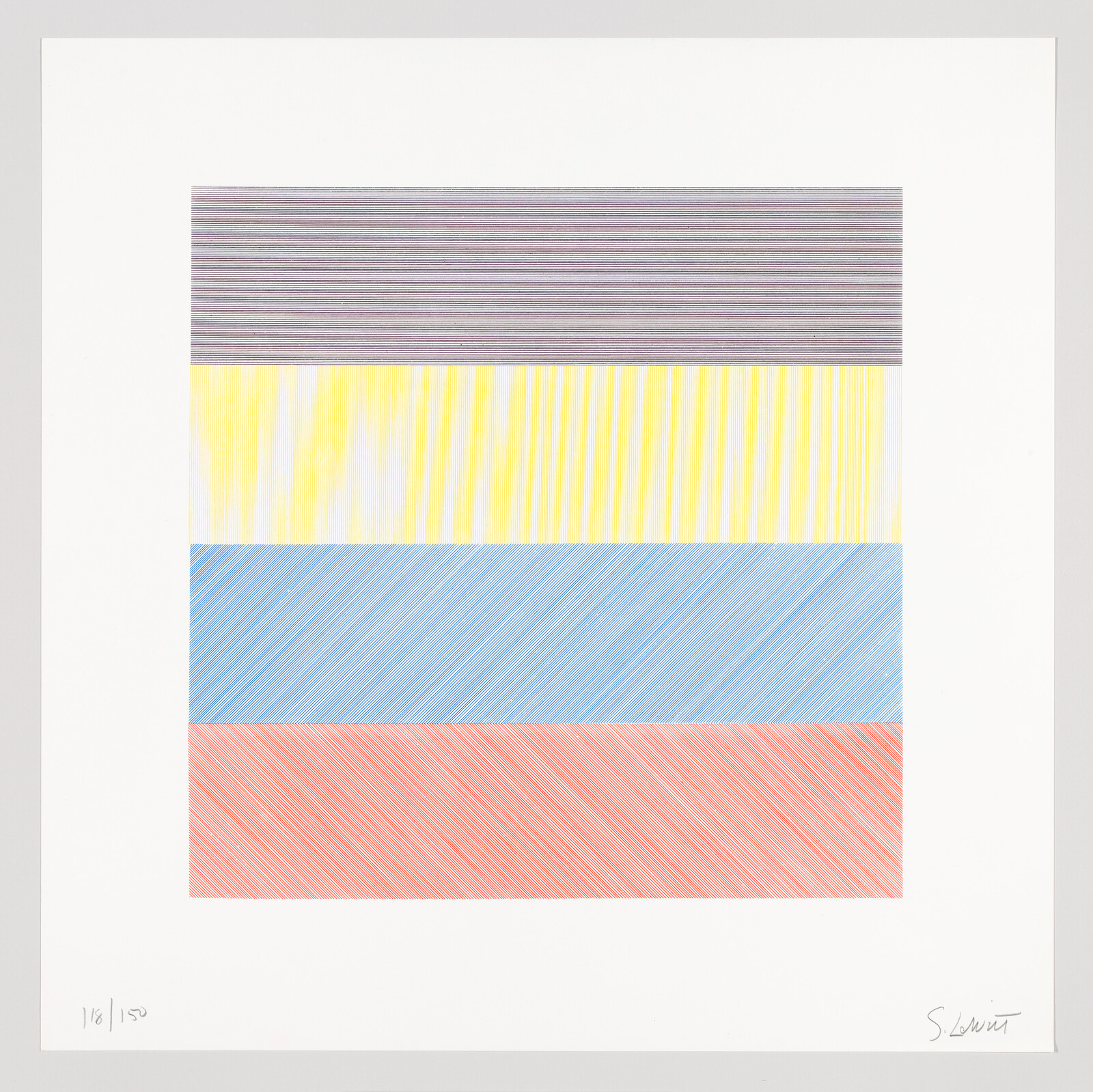 A minimalist artwork featuring four horizontal bands of different colors with a textured appearance, from top to bottom: gray, yellow, blue, and red. The piece is numbered 1/150 at the bottom left and signed by the artist at the bottom right. The artwork is centered on a white background.
