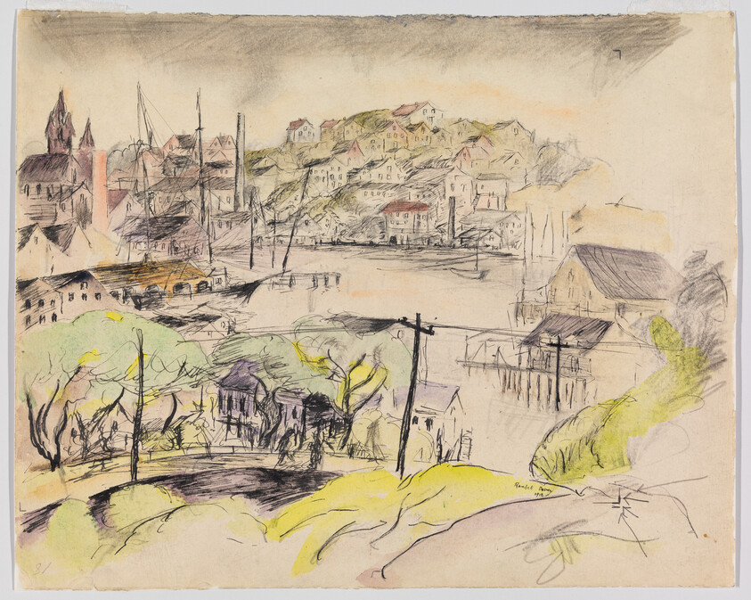 A colorful sketch of a bustling port town with architectural structures, including spires and buildings, along the waterfront. Ships with tall masts are docked at the harbor, and the town extends up a hill in the background. The foreground features a park-like setting with trees and pathways, and the entire scene is depicted with a mix of detailed lines and loosely applied color washes.