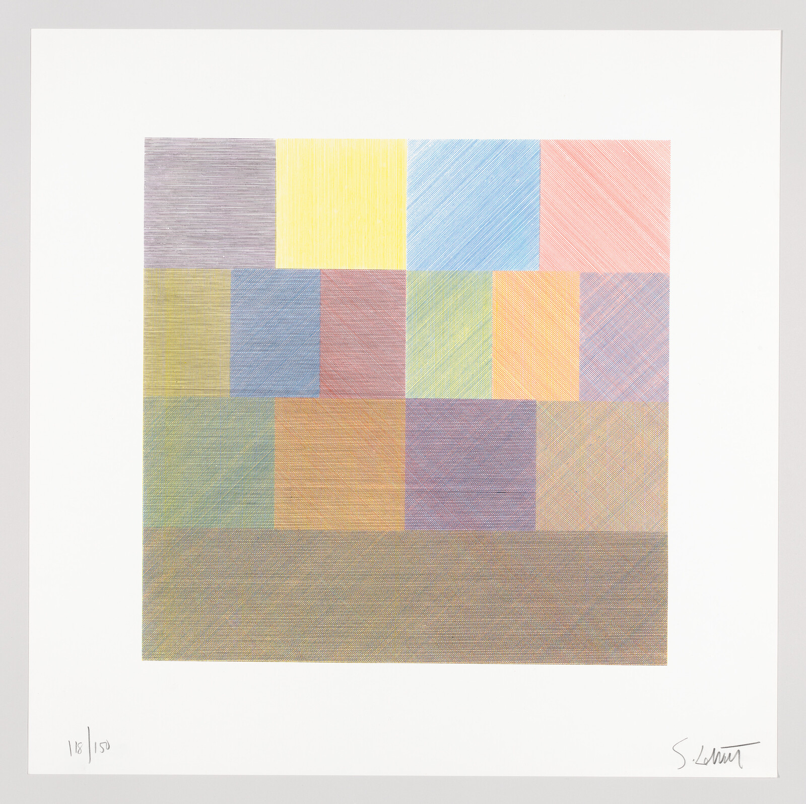 A colorful abstract artwork featuring a grid of squares in various pastel shades, with each square displaying a fine crosshatch pattern. The piece is numbered and signed by the artist in the lower margins.