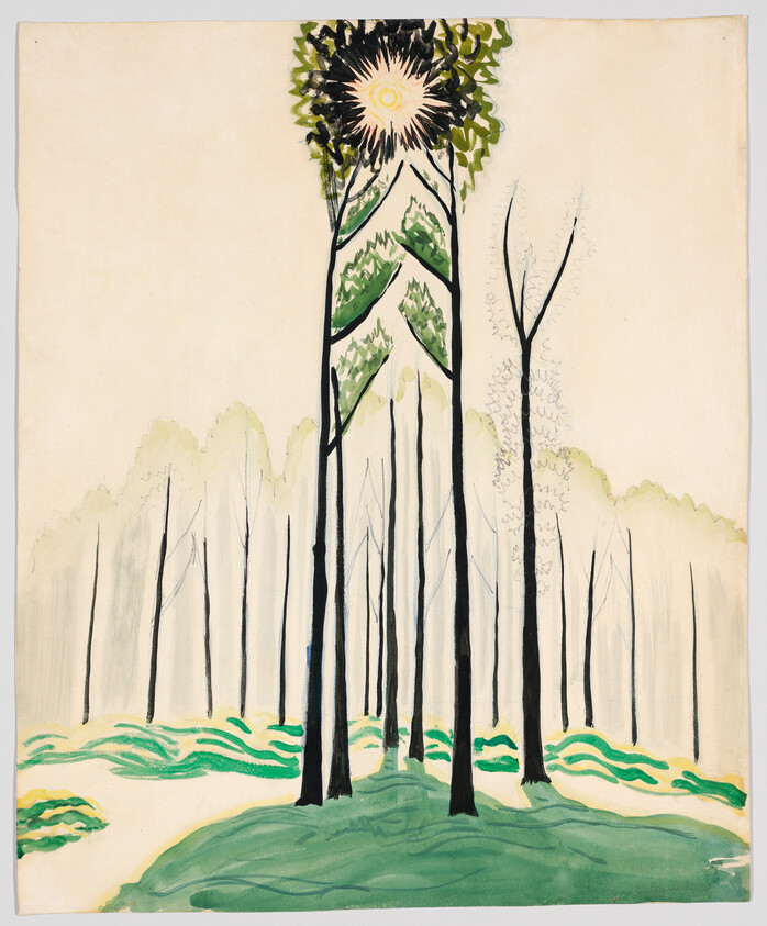 Tall dark tree trunks rise through a pale forest with a bright sunburst above.