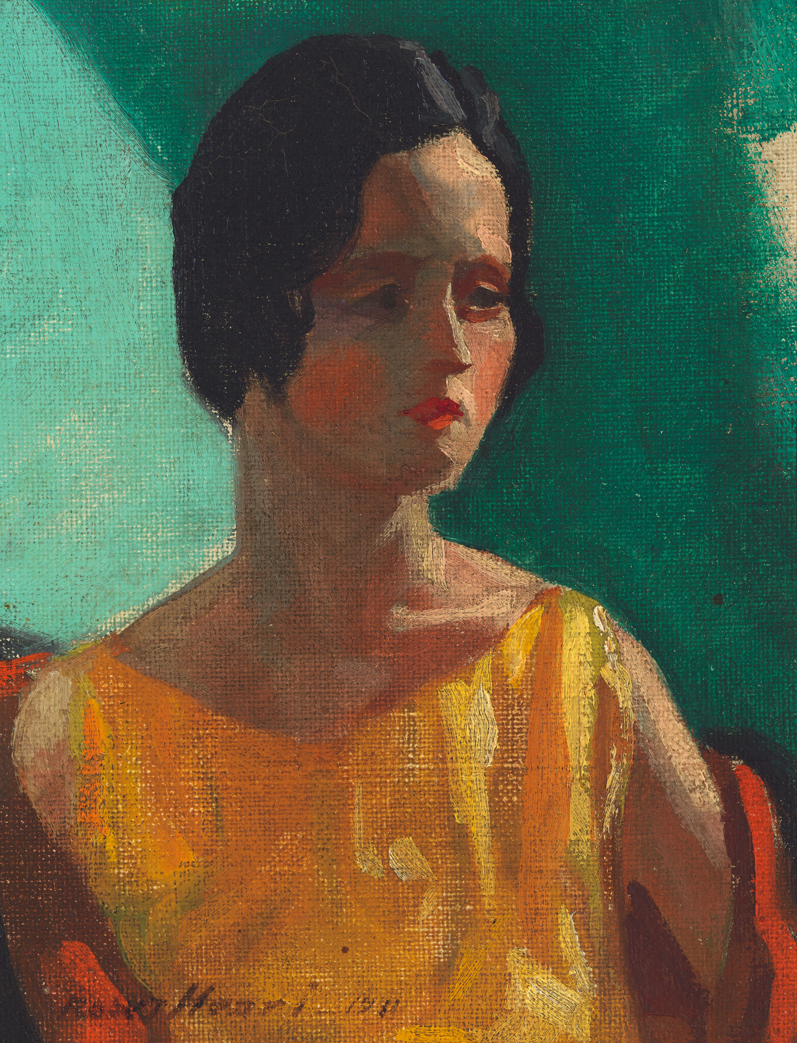 A woman in a yellow dress sits looking to the right against a teal background.
