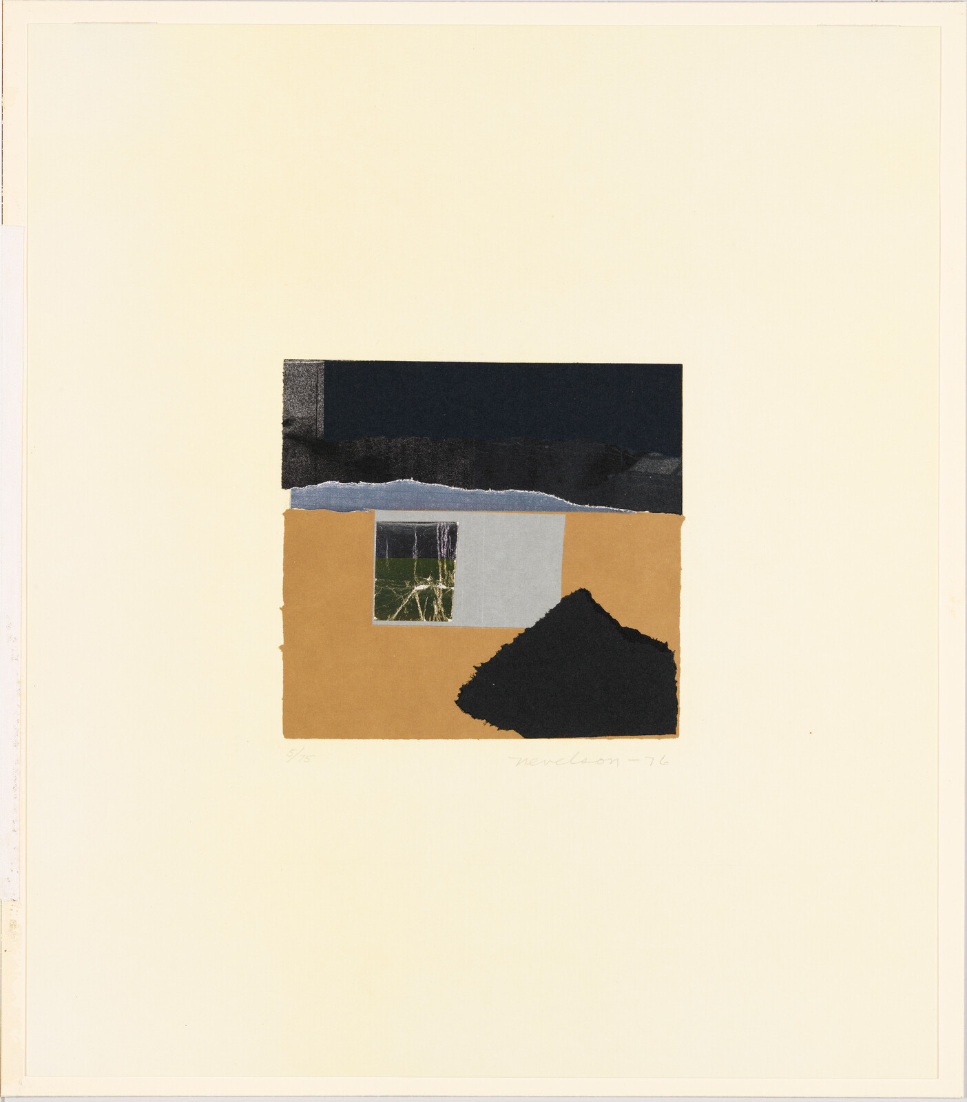 A small abstract collage shows layered torn papers with a dark band, tan rectangle, and window.