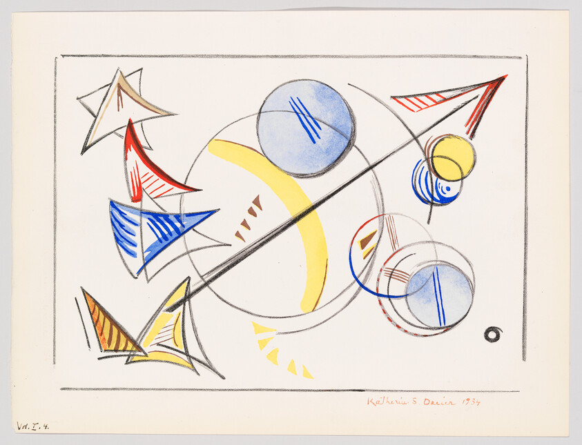 Abstract geometric artwork with circles, arrows, and lines in blue, red, yellow, and black. Created by Katherine S. Dreier in 1934.