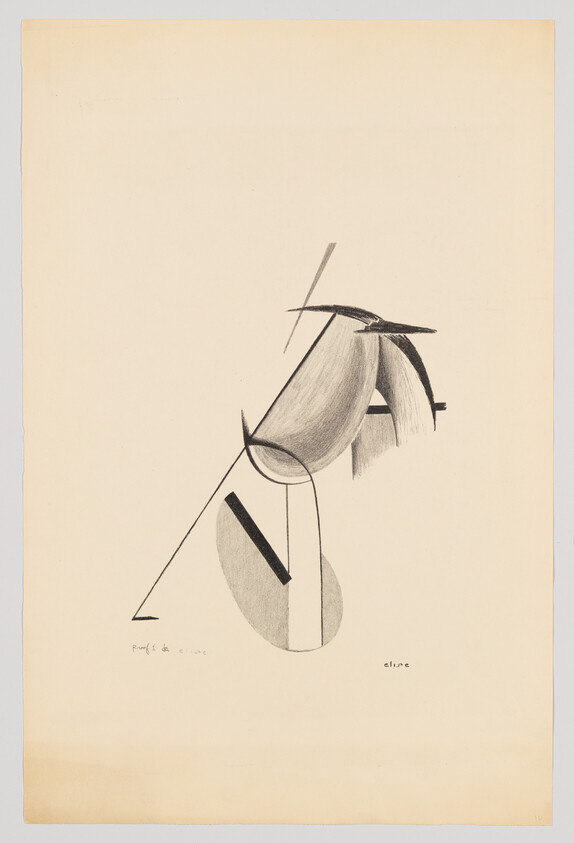 Abstract geometric drawing with angled lines, curved shaded shapes, and circular base on blank background.