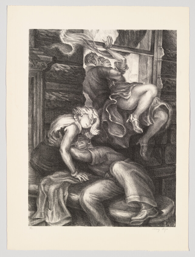 A man holds a torch while two women collapse in a tangled embrace inside a dim room.