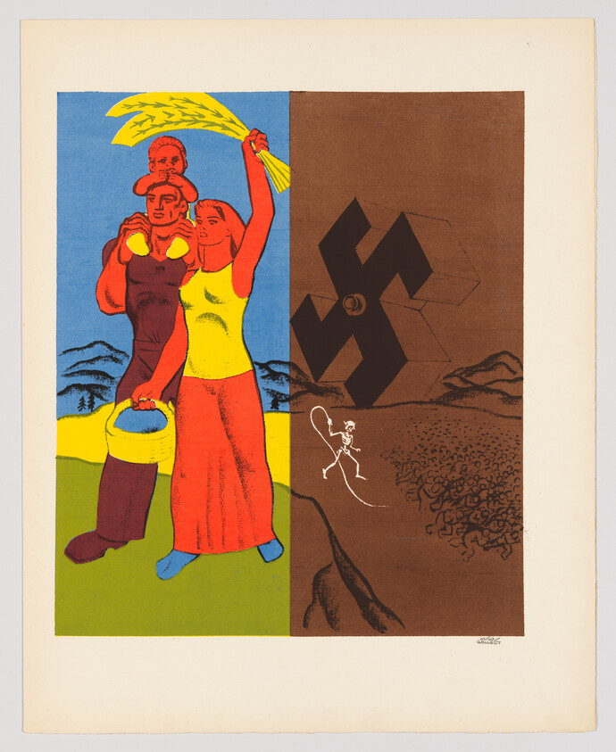 A family holds wheat and a basket on the left while a large swastika and a huddled crowd appear on the right.