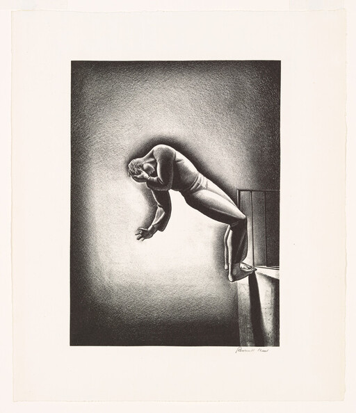 A man leaning backward off a ledge as if about to fall.