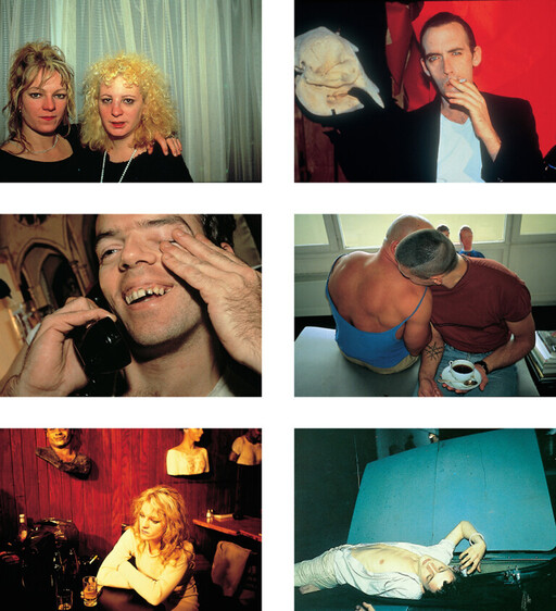 Six candid portraits show people smoking, talking, embracing, and resting in intimate indoor settings.