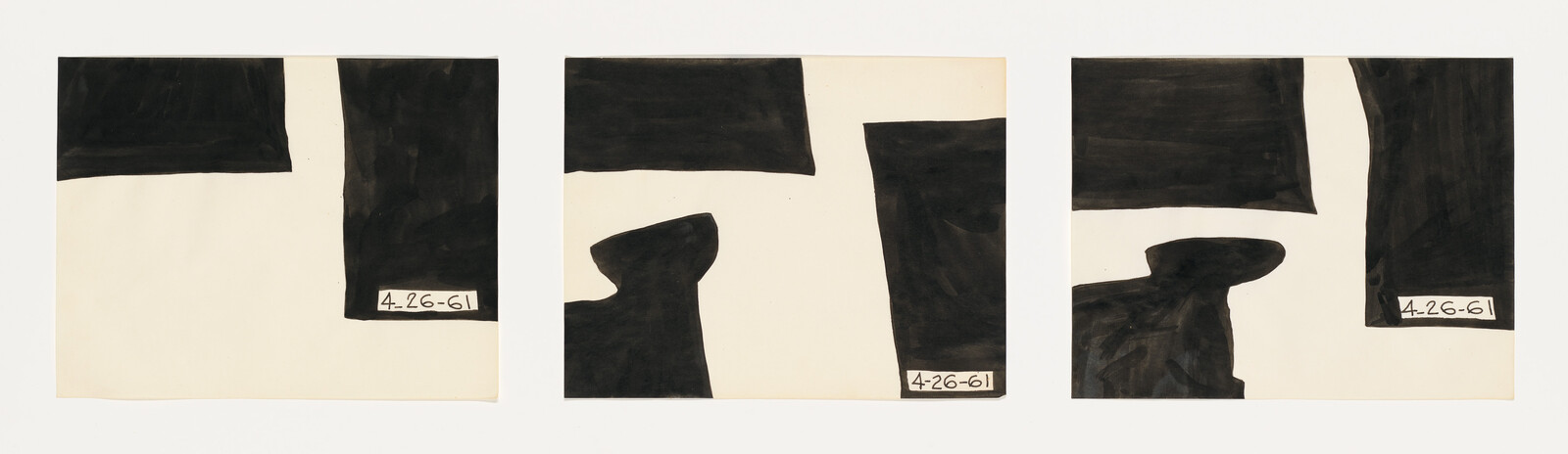 Three panels with bold black abstract shapes on white paper, each panel dated 4-26-61.