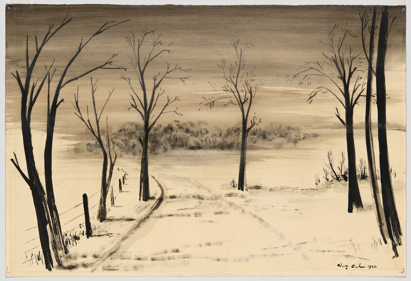 A snowy country lane curves past bare trees and a fence under a gray sky.