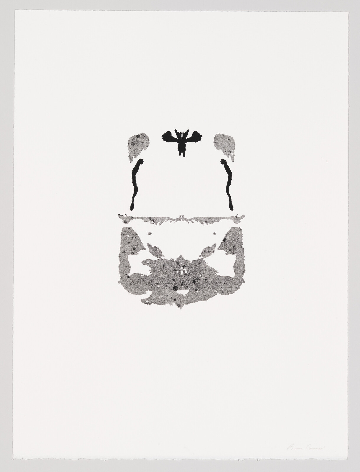 A symmetrical black and gray inkblot resembling a mask or insect printed on white paper.