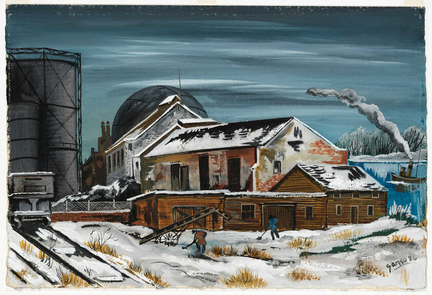 Snow-covered industrial buildings by a river with workers clearing snow and a steamer in background.