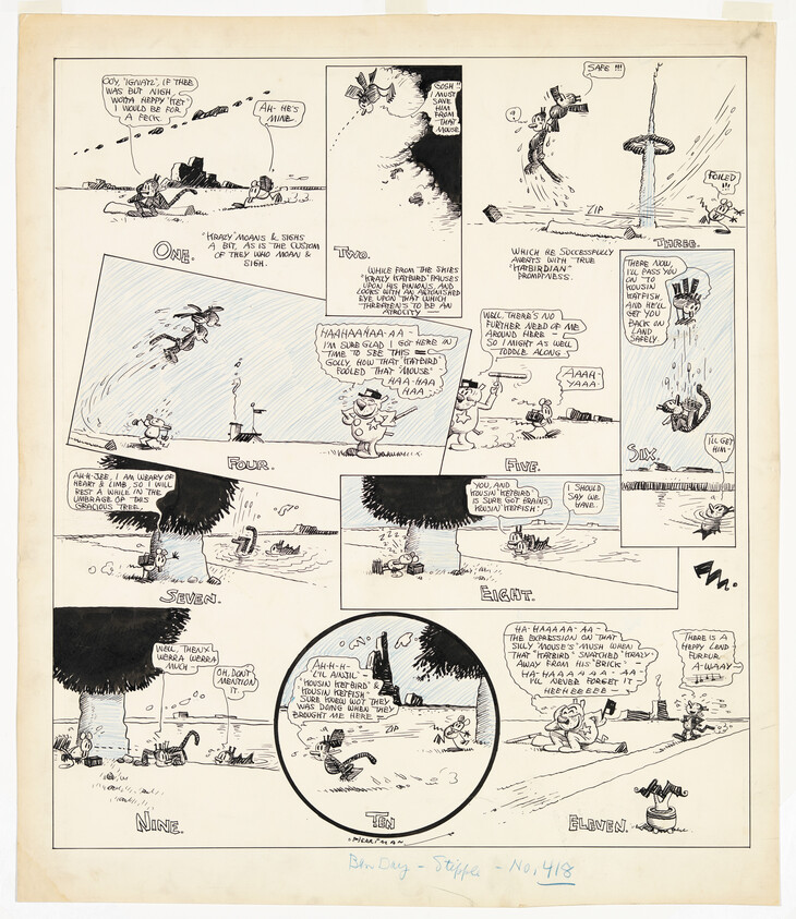 Comic strip showing two animal characters, one tricking the other with an umbrella, leading to a series of humorous mishaps.