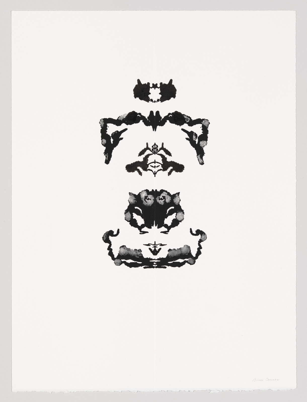 A vertical series of symmetrical black inkblot figures on white paper resembling faces and animals.