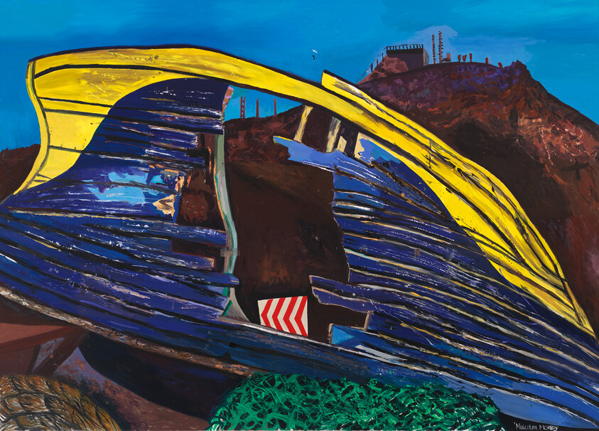 A vibrant painting featuring a large, overturned boat with blue and yellow stripes against a backdrop of a red-brown hill with a structure on top under a bright blue sky. The foreground includes a green fishing net and hints of other maritime equipment. The artist's signature is visible in the bottom right corner.