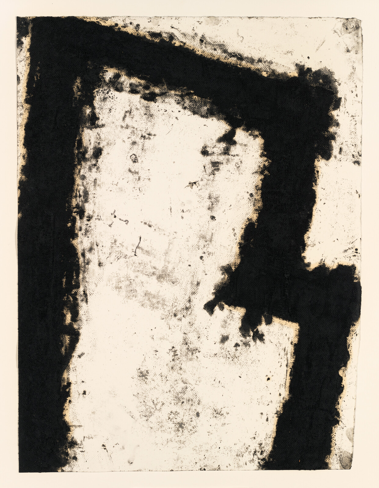Large black brushstrokes form an angular frame on a textured off-white background.