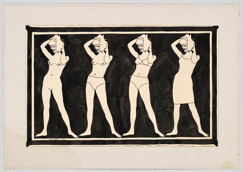Four standing women shown in sequence from nude to clothed while adjusting head coverings.