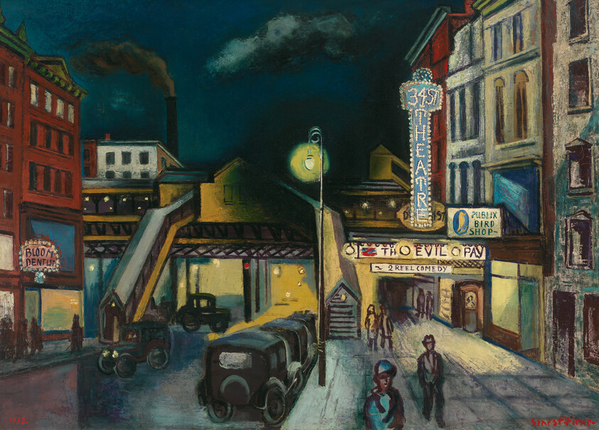 Nighttime city street with lit theater marquee advertising "The Evil Pay" and people walking.