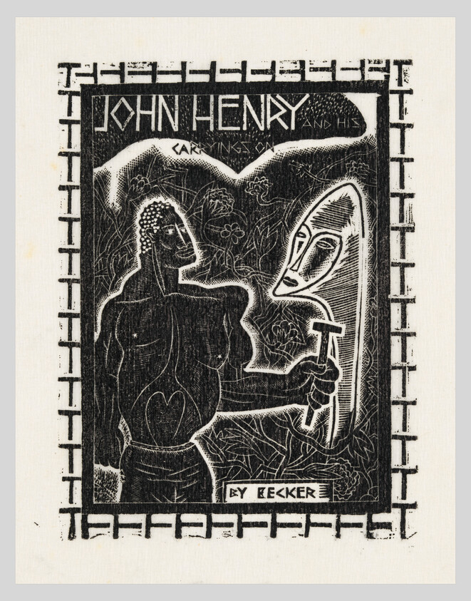 John Henry title with muscular man holding a hammer and carved mask in woodcut.